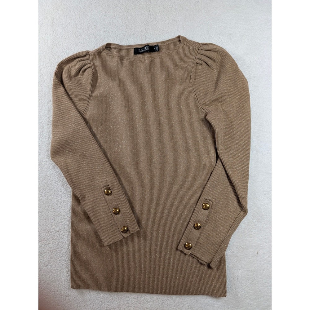 Lauren Ralph Lauren Tan Metallic Ribbed Puff Sleeve Crest Button Top Medium